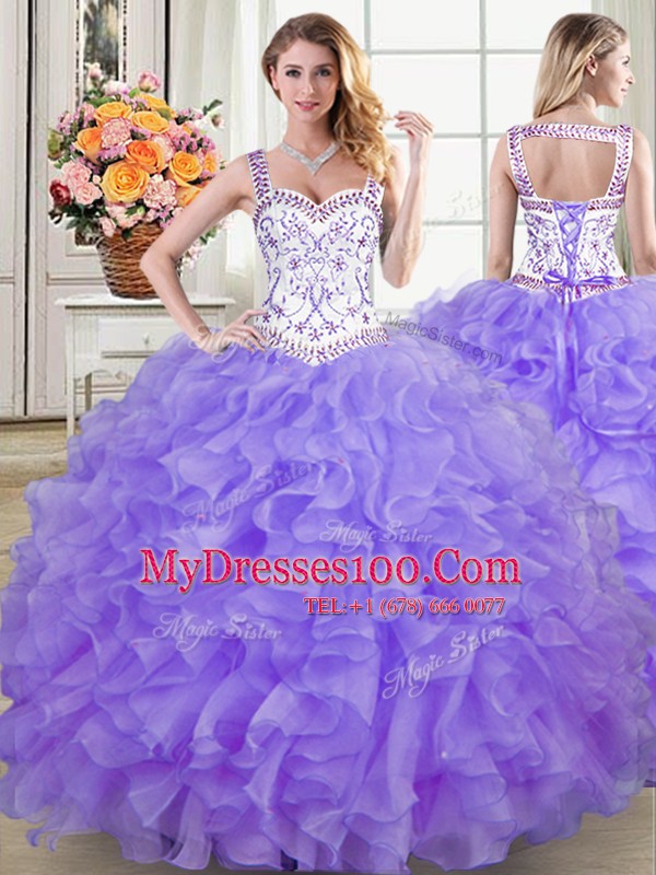 Fashion Four Piece Lavender Straps Neckline Beading and Lace and Ruffles Quinceanera Dresses Sleeveless Lace Up