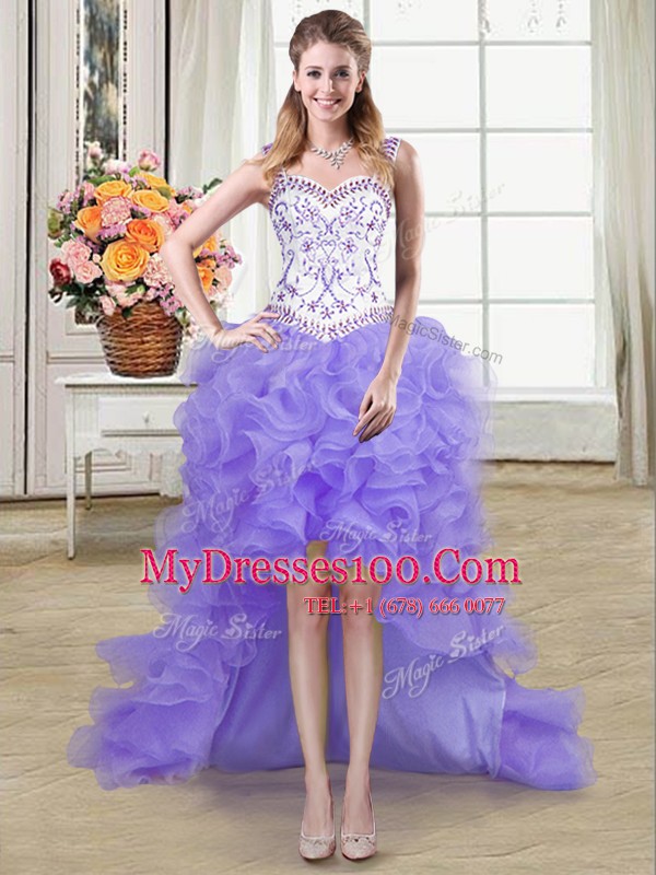 Fashion Four Piece Lavender Straps Neckline Beading and Lace and Ruffles Quinceanera Dresses Sleeveless Lace Up