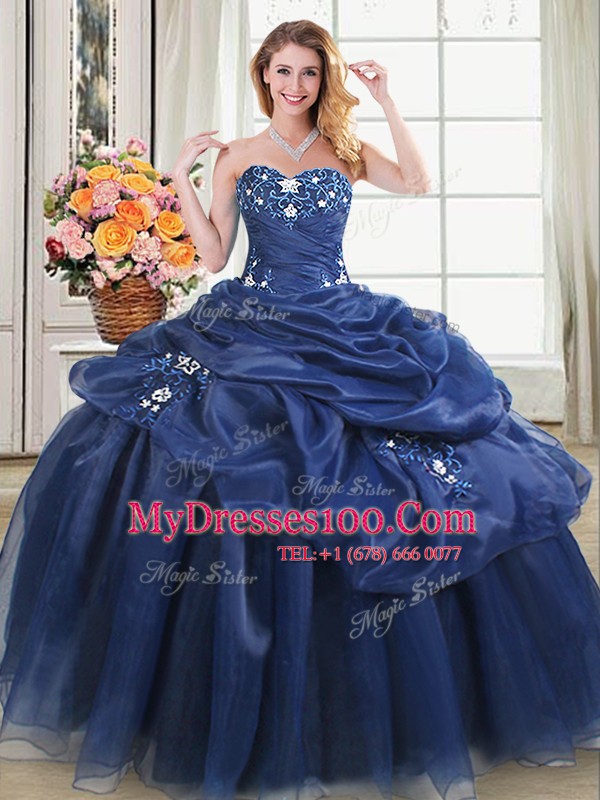 Pretty Pick Ups Ball Gowns Sweet 16 Dresses Navy Blue Sweetheart Organza Sleeveless Floor Length Lace Up