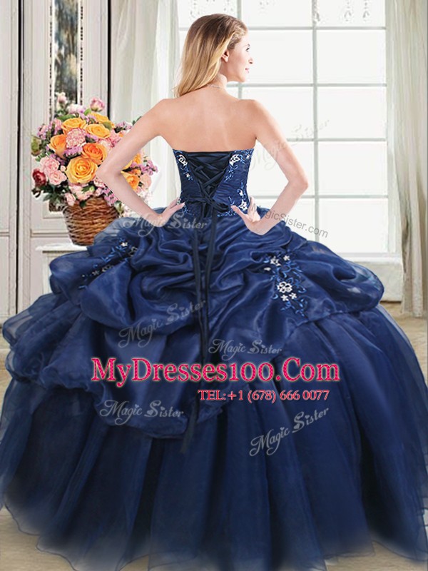 Pretty Pick Ups Ball Gowns Sweet 16 Dresses Navy Blue Sweetheart Organza Sleeveless Floor Length Lace Up