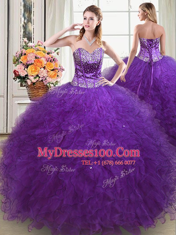 Sleeveless Lace Up Floor Length Beading and Ruffles Sweet 16 Dress