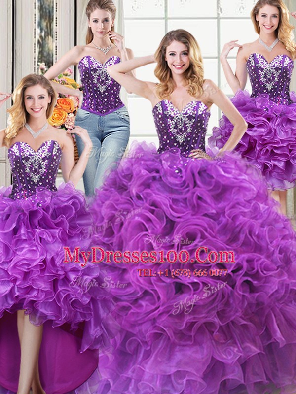 Fashion Four Piece Beading and Ruffles Quinceanera Gowns Eggplant Purple Lace Up Sleeveless Floor Length