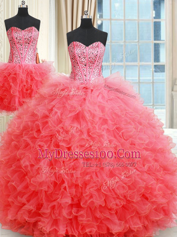 Smart Three Piece Sweetheart Sleeveless Vestidos de Quinceanera Floor Length Beading and Ruffles Coral Red Organza