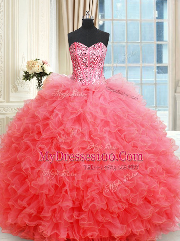 Smart Three Piece Sweetheart Sleeveless Vestidos de Quinceanera Floor Length Beading and Ruffles Coral Red Organza