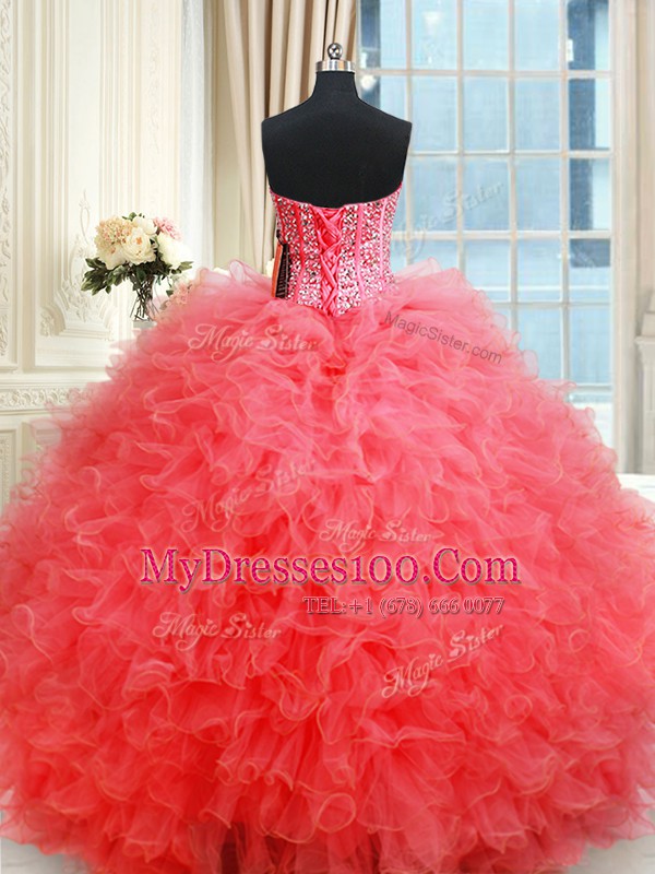 Smart Three Piece Sweetheart Sleeveless Vestidos de Quinceanera Floor Length Beading and Ruffles Coral Red Organza