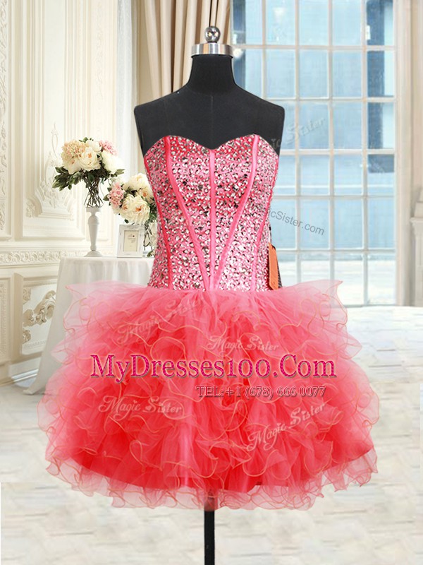Smart Three Piece Sweetheart Sleeveless Vestidos de Quinceanera Floor Length Beading and Ruffles Coral Red Organza