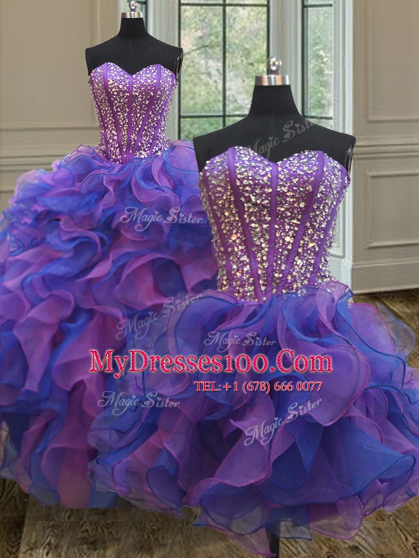 Three Piece Ball Gowns Ball Gown Prom Dress Blue and Purple Sweetheart Organza Sleeveless Floor Length Lace Up