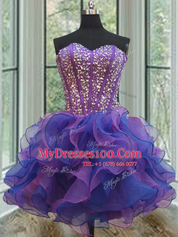 Three Piece Ball Gowns Ball Gown Prom Dress Blue and Purple Sweetheart Organza Sleeveless Floor Length Lace Up