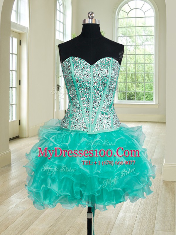 Four Piece Turquoise Ball Gowns Organza Sweetheart Sleeveless Beading and Ruffles Floor Length Lace Up Sweet 16 Dresses