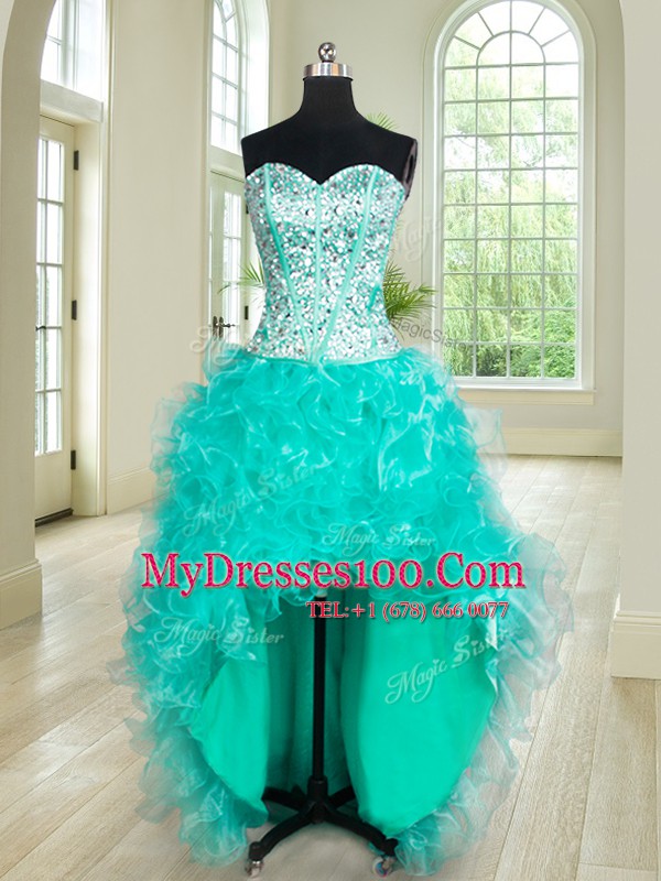 Four Piece Turquoise Ball Gowns Organza Sweetheart Sleeveless Beading and Ruffles Floor Length Lace Up Sweet 16 Dresses