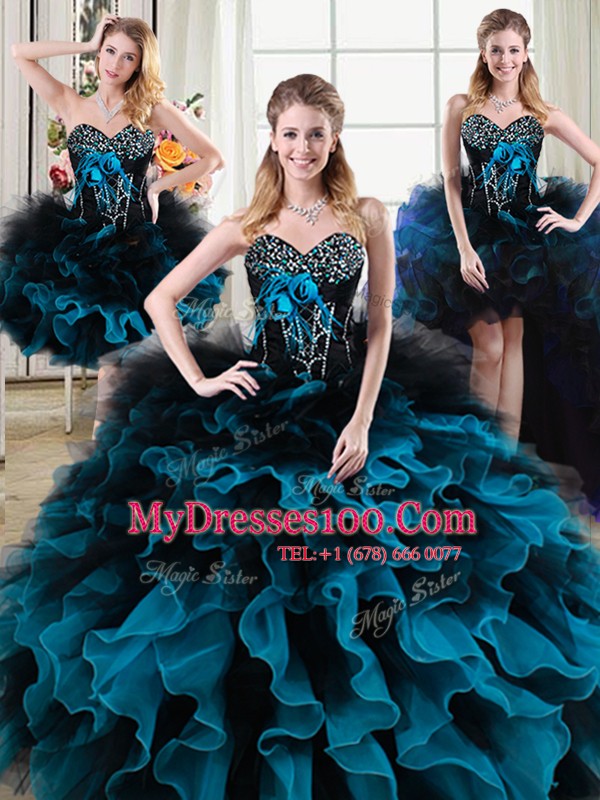 Four Piece Sweetheart Sleeveless Organza and Tulle 15th Birthday Dress Beading and Ruffles and Hand Made Flower Lace Up