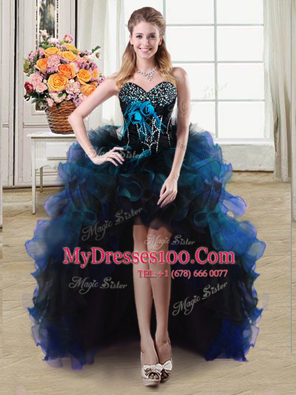 Four Piece Sweetheart Sleeveless Organza and Tulle 15th Birthday Dress Beading and Ruffles and Hand Made Flower Lace Up
