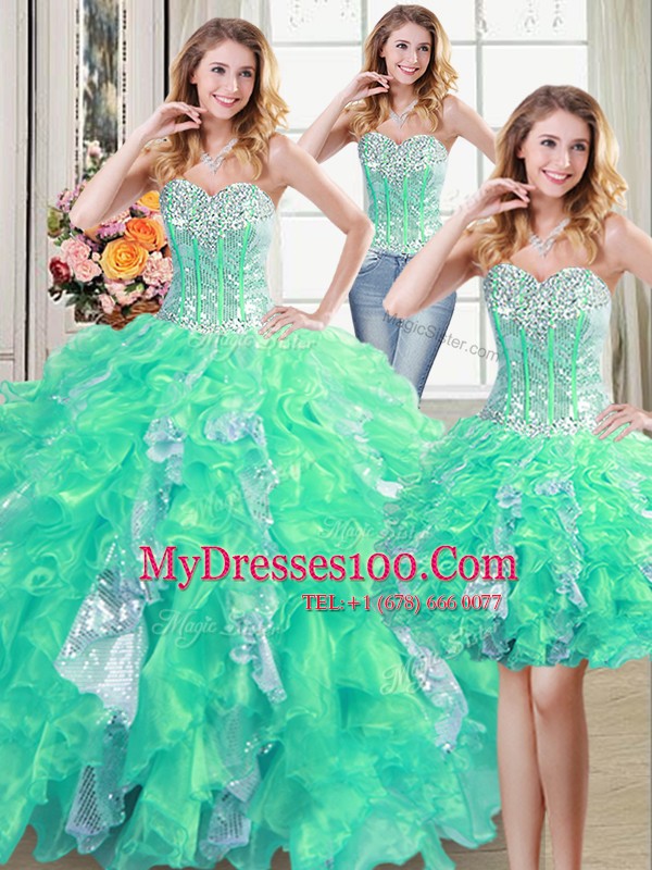 Three Piece Sleeveless Organza Floor Length Lace Up Quinceanera Gown in Turquoise with Beading and Ruffles and Sequins