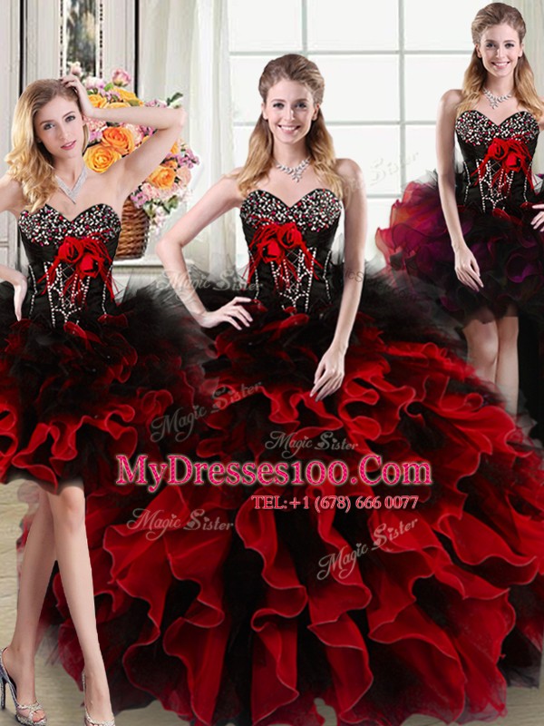 Modern Four Piece Sweetheart Sleeveless Organza and Tulle Quince Ball Gowns Beading and Ruffles and Hand Made Flower Lace Up