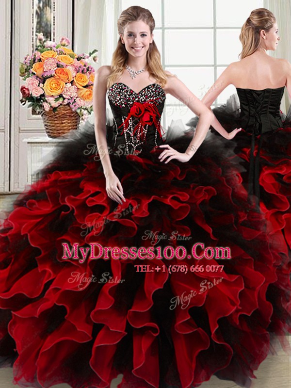 Modern Four Piece Sweetheart Sleeveless Organza and Tulle Quince Ball Gowns Beading and Ruffles and Hand Made Flower Lace Up