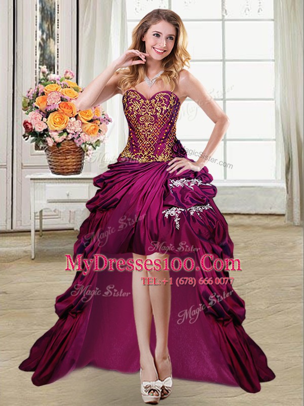 Four Piece Burgundy Ball Gowns Taffeta Sweetheart Sleeveless Beading and Appliques and Pick Ups Floor Length Lace Up Quinceanera Gown