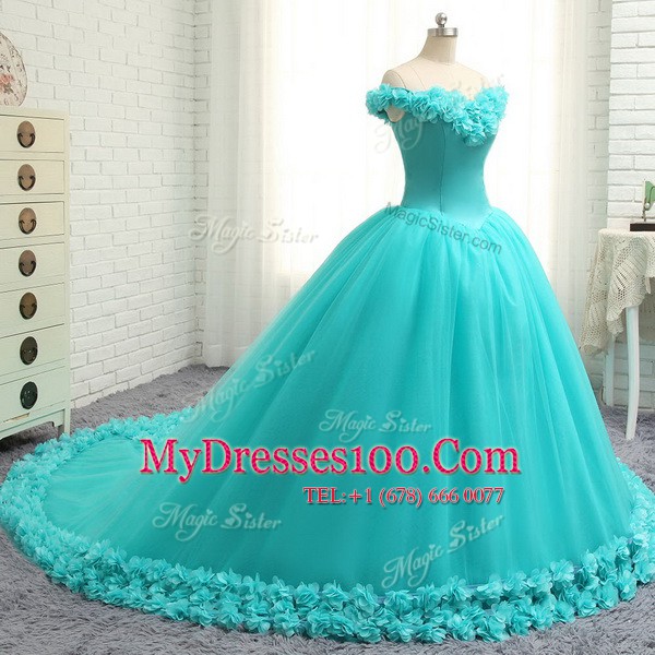 Colorful With Train Aqua Blue Quinceanera Dresses Off The Shoulder Cap Sleeves Court Train Lace Up