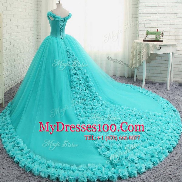 Colorful With Train Aqua Blue Quinceanera Dresses Off The Shoulder Cap Sleeves Court Train Lace Up