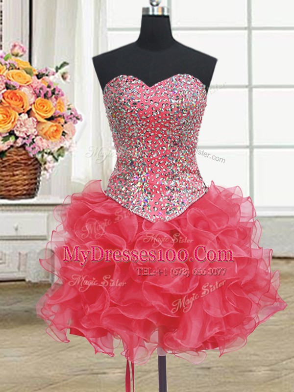 Shining Three Piece Coral Red Sleeveless Beading and Ruffles Floor Length Ball Gown Prom Dress