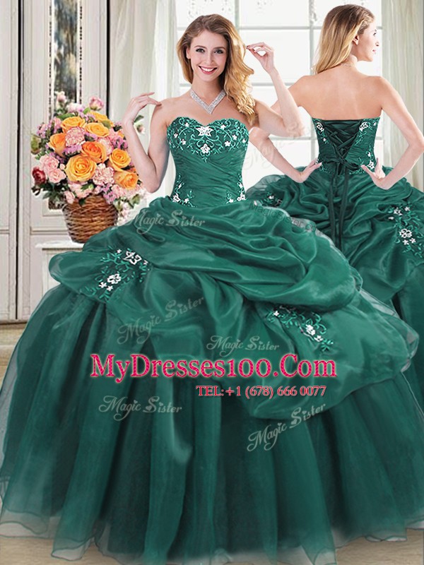 Cheap Pick Ups Floor Length Dark Green 15th Birthday Dress Sweetheart Sleeveless Lace Up