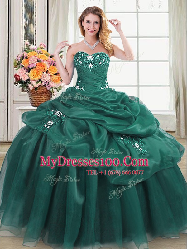 Cheap Pick Ups Floor Length Dark Green 15th Birthday Dress Sweetheart Sleeveless Lace Up