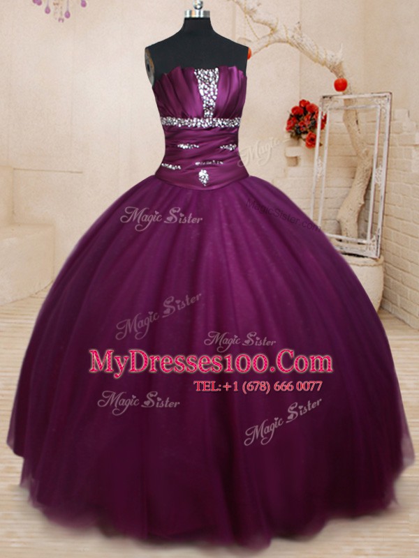 Fancy Three Piece Ball Gowns Quinceanera Gowns Dark Purple Strapless Tulle Sleeveless Floor Length Lace Up