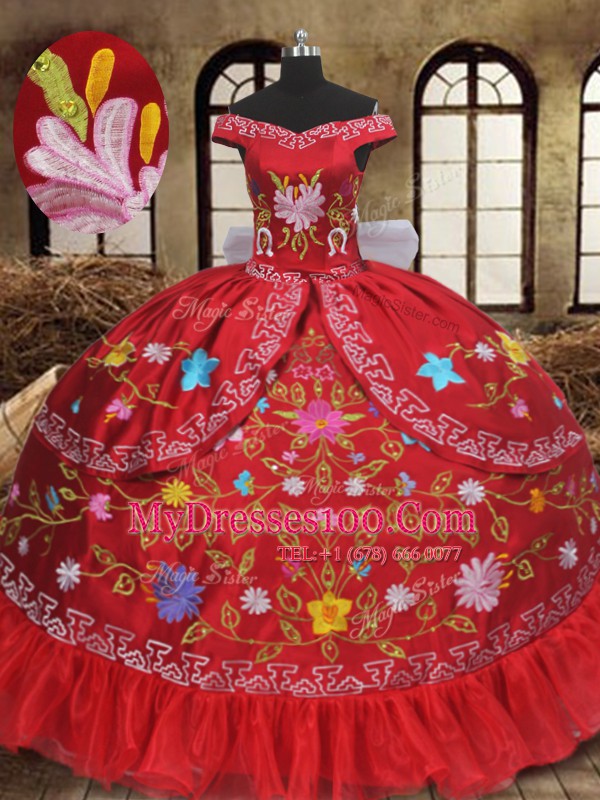 Designer Red Ball Gowns Off The Shoulder Sleeveless Organza and Taffeta Floor Length Lace Up Embroidery and Bowknot Sweet 16 Quinceanera Dress