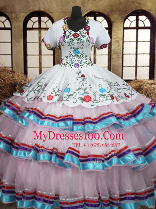Straps Floor Length Lace Up Ball Gown Prom Dress White for Military Ball and Sweet 16 and Quinceanera with Embroidery and Ruffled Layers