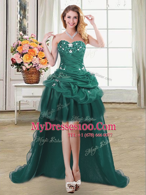 Glittering Four Piece Floor Length Dark Green Quinceanera Dresses Organza Sleeveless Beading and Ruffles and Pick Ups