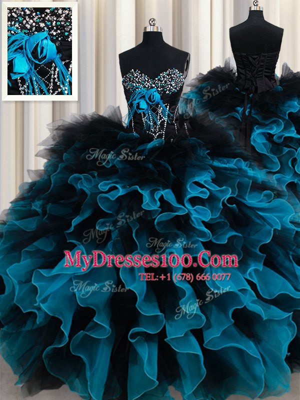 Spectacular Organza and Tulle Sweetheart Sleeveless Lace Up Beading and Ruffles and Hand Made Flower Quince Ball Gowns in Black and Blue