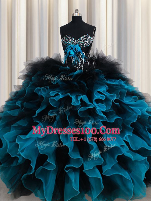 Spectacular Organza and Tulle Sweetheart Sleeveless Lace Up Beading and Ruffles and Hand Made Flower Quince Ball Gowns in Black and Blue