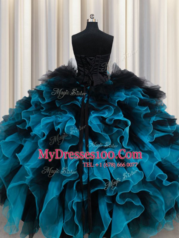 Spectacular Organza and Tulle Sweetheart Sleeveless Lace Up Beading and Ruffles and Hand Made Flower Quince Ball Gowns in Black and Blue