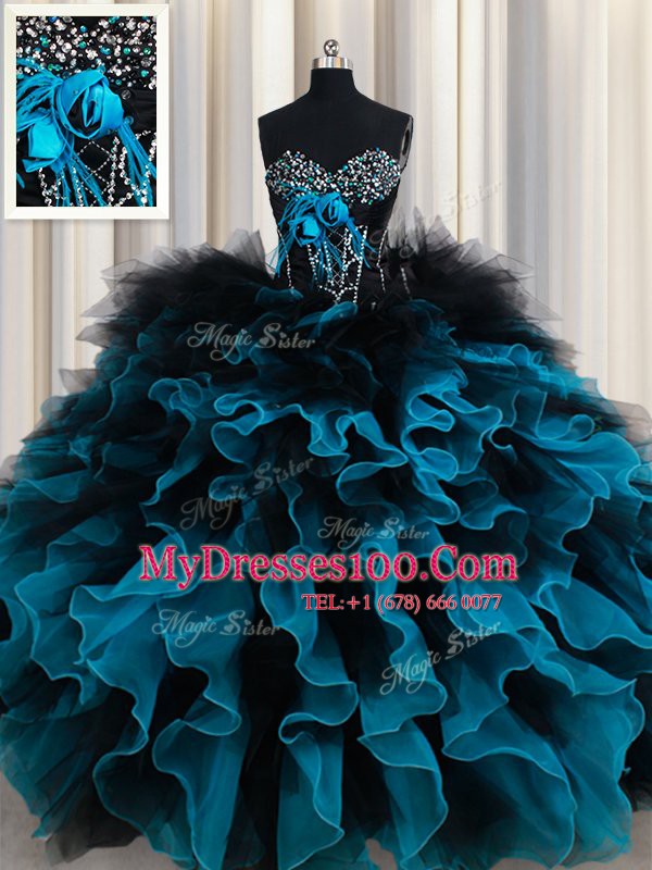 Spectacular Organza and Tulle Sweetheart Sleeveless Lace Up Beading and Ruffles and Hand Made Flower Quince Ball Gowns in Black and Blue