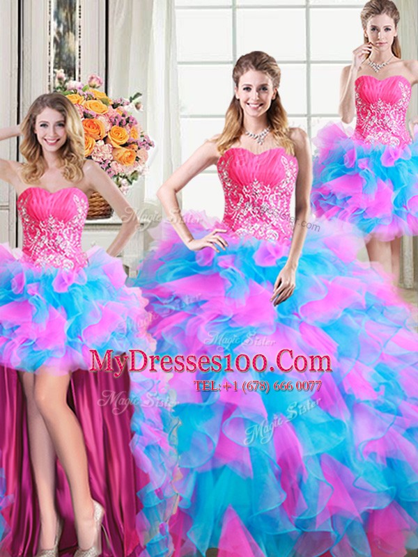 Unique Four Piece Sweetheart Sleeveless Organza and Tulle Quinceanera Gown Beading and Ruffles Zipper