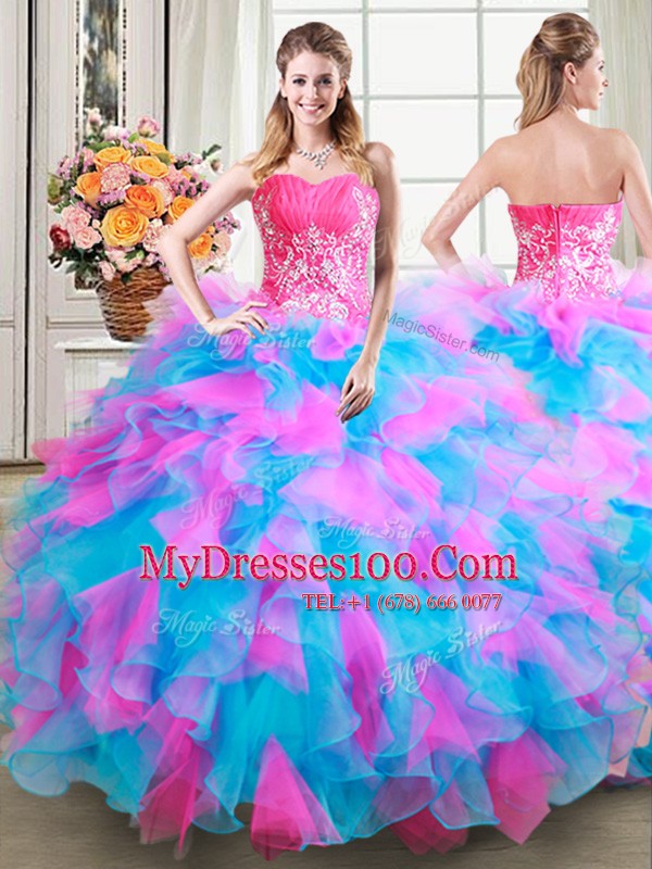 Unique Four Piece Sweetheart Sleeveless Organza and Tulle Quinceanera Gown Beading and Ruffles Zipper