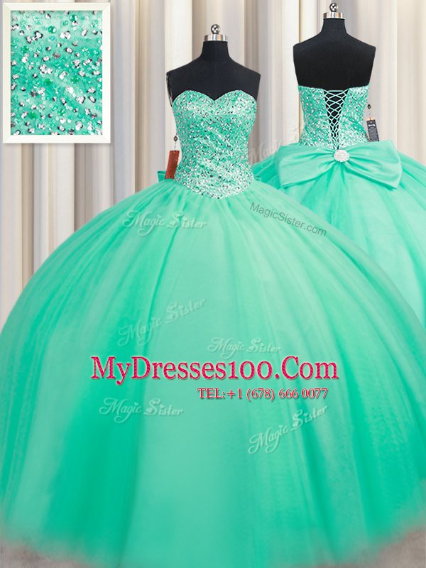 Flare Sweetheart Sleeveless 15th Birthday Dress Floor Length Beading and Bowknot Turquoise Tulle