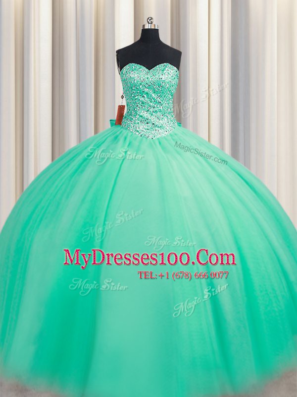Flare Sweetheart Sleeveless 15th Birthday Dress Floor Length Beading and Bowknot Turquoise Tulle