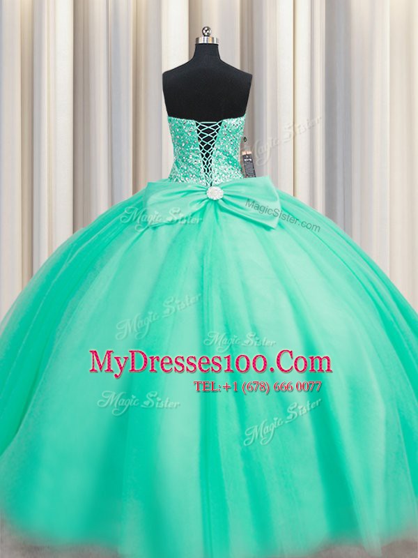 Flare Sweetheart Sleeveless 15th Birthday Dress Floor Length Beading and Bowknot Turquoise Tulle