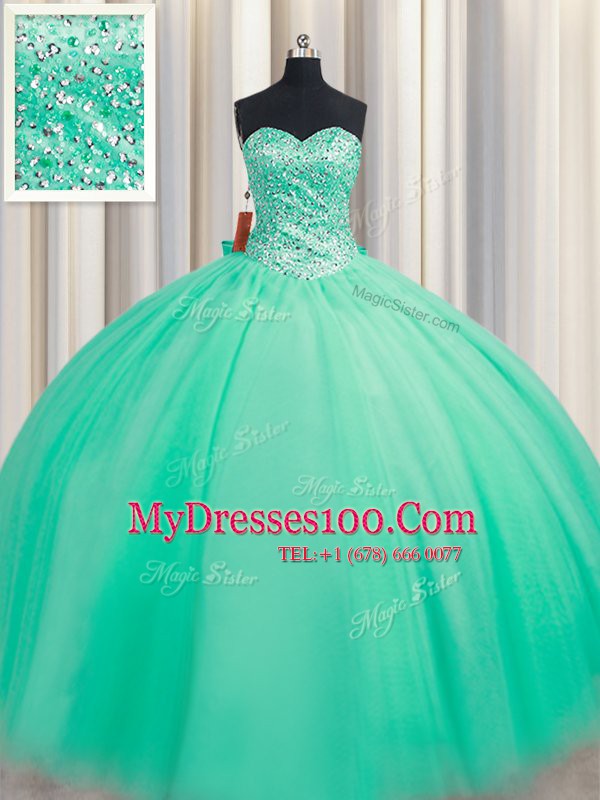Flare Sweetheart Sleeveless 15th Birthday Dress Floor Length Beading and Bowknot Turquoise Tulle