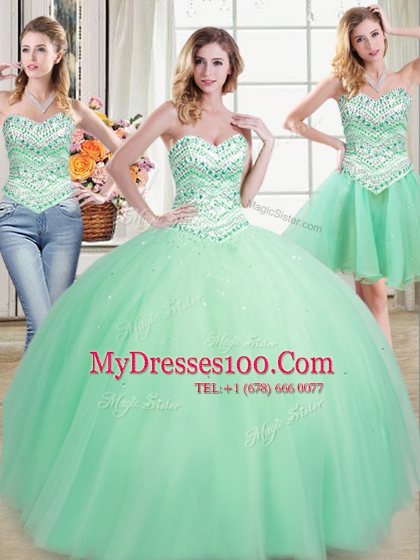 Fine Three Piece Floor Length Ball Gowns Sleeveless Apple Green Sweet 16 Dresses Lace Up