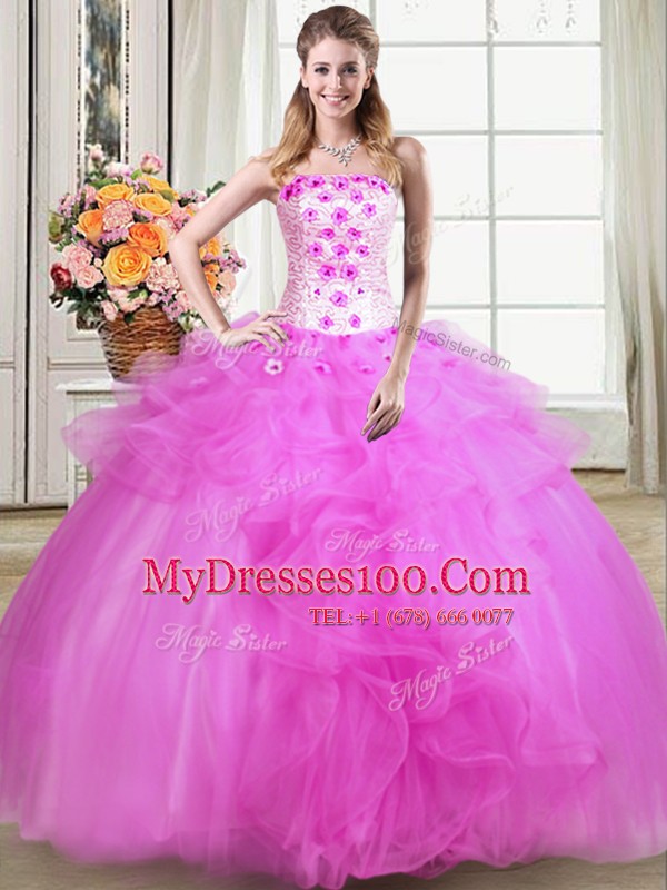 Sweet Fuchsia Ball Gowns Beading and Appliques and Embroidery 15th Birthday Dress Lace Up Tulle Sleeveless Floor Length