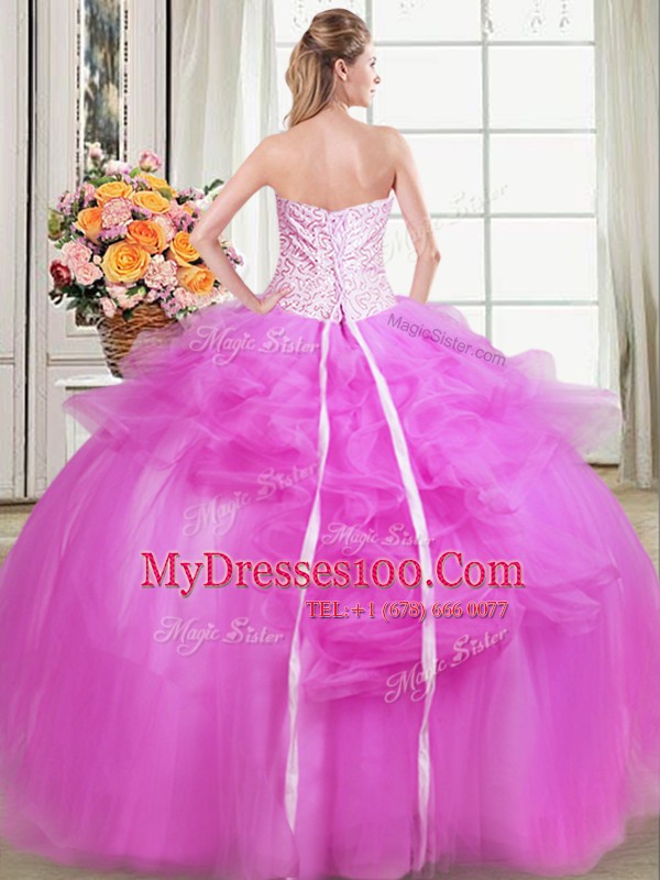Sweet Fuchsia Ball Gowns Beading and Appliques and Embroidery 15th Birthday Dress Lace Up Tulle Sleeveless Floor Length