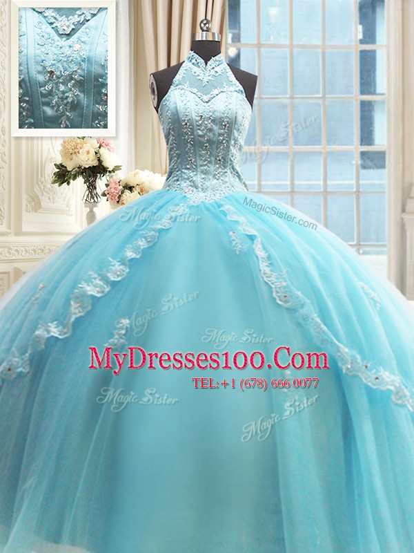 Fine Halter Top Floor Length Ball Gowns Sleeveless Aqua Blue Quinceanera Dresses Lace Up
