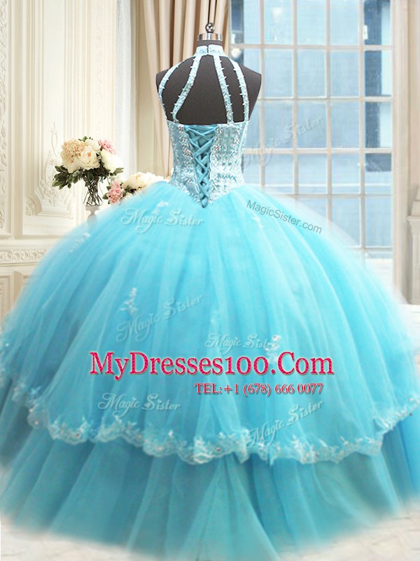 Fine Halter Top Floor Length Ball Gowns Sleeveless Aqua Blue Quinceanera Dresses Lace Up