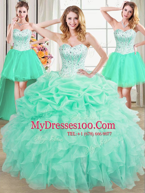 Customized Four Piece Apple Green Quinceanera Dress Military Ball and Sweet 16 and Quinceanera and For with Beading and Ruffles and Pick Ups Sweetheart Sleeveless Lace Up