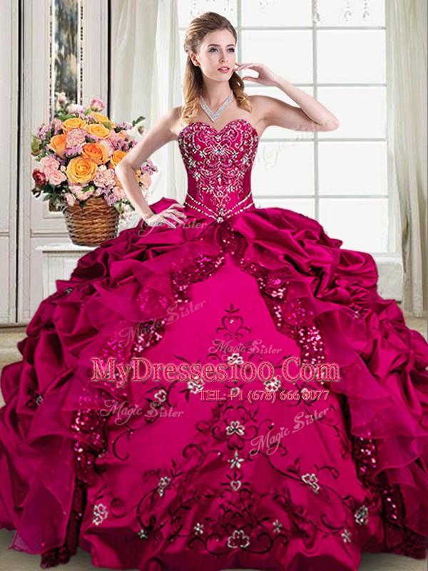 Low Price Floor Length Lace Up Vestidos de Quinceanera Fuchsia for Military Ball and Sweet 16 and Quinceanera with Beading and Embroidery and Pick Ups
