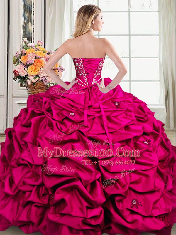 Low Price Floor Length Lace Up Vestidos de Quinceanera Fuchsia for Military Ball and Sweet 16 and Quinceanera with Beading and Embroidery and Pick Ups