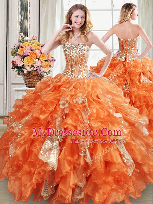 Stylish Sequins Floor Length Orange Sweet 16 Quinceanera Dress Sweetheart Sleeveless Lace Up
