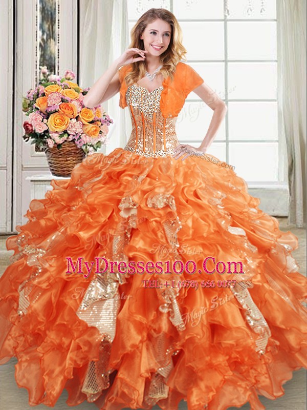 Stylish Sequins Floor Length Orange Sweet 16 Quinceanera Dress Sweetheart Sleeveless Lace Up
