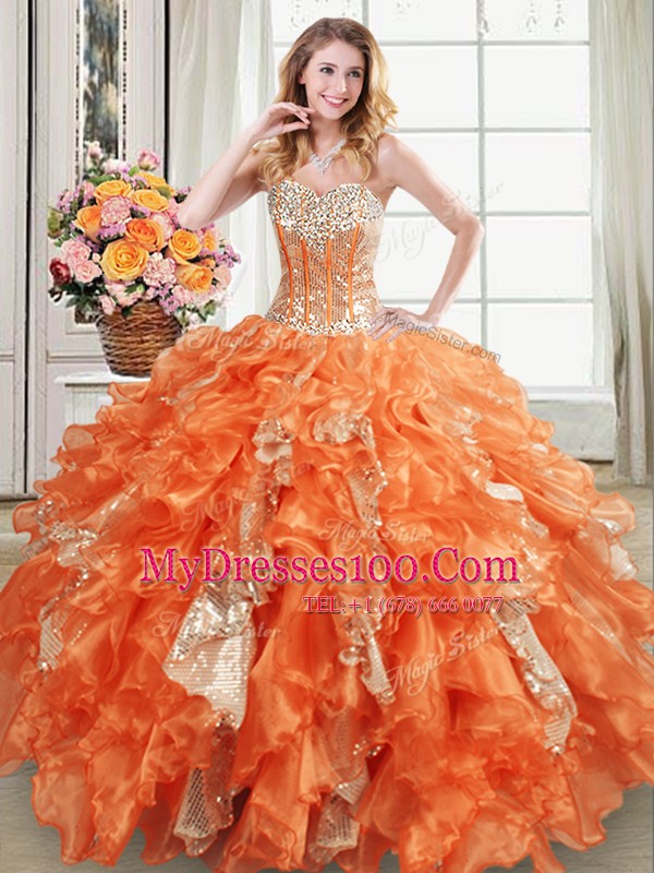 Stylish Sequins Floor Length Orange Sweet 16 Quinceanera Dress Sweetheart Sleeveless Lace Up